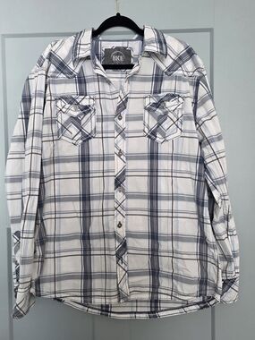 BKE Buckle Mens XL Athletic Fit Plaid Button Down Shirt Blue White Western